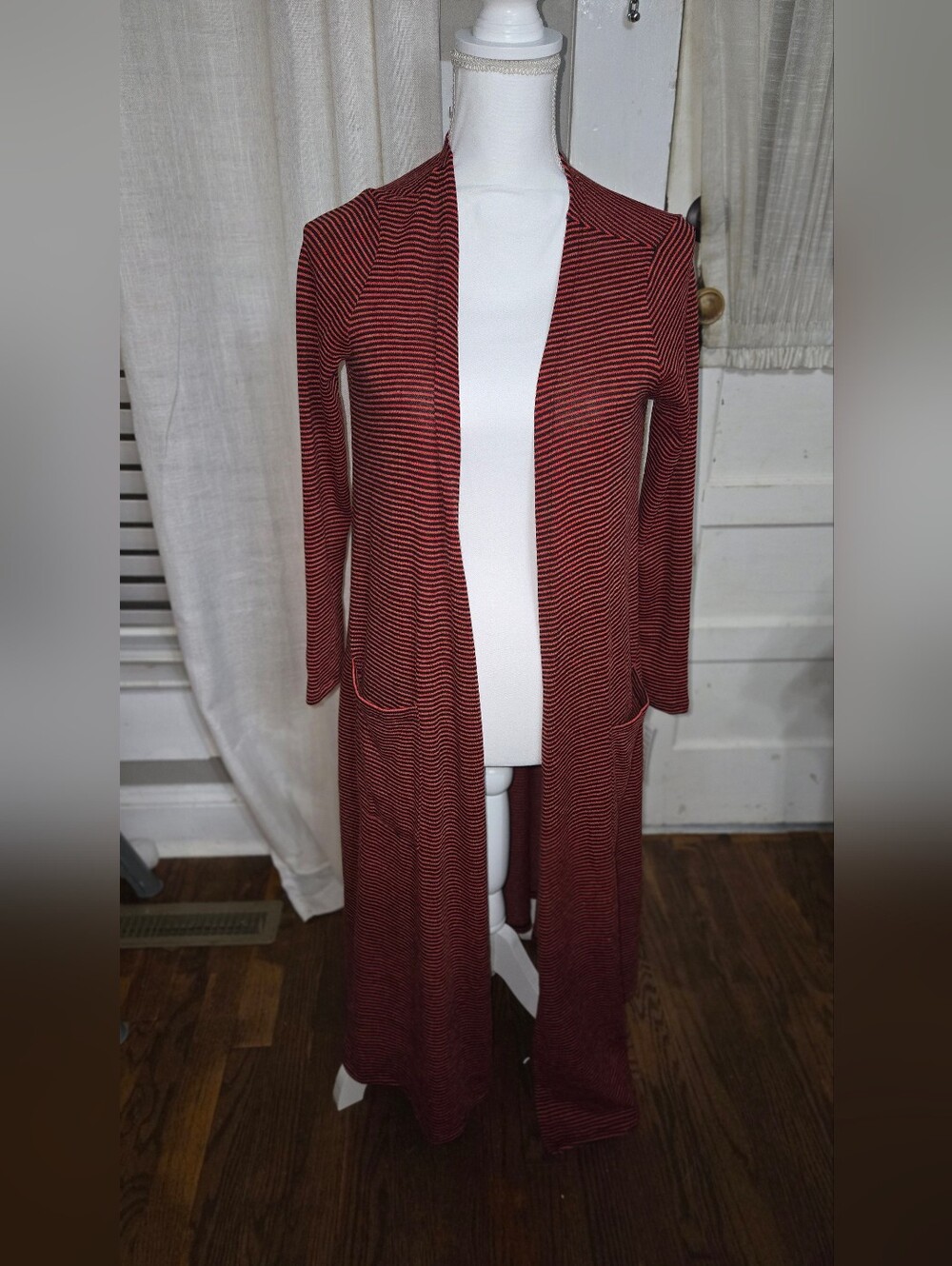 LuLaRoe Long Open-Front Cardigan in Burgundy and Black Stripe